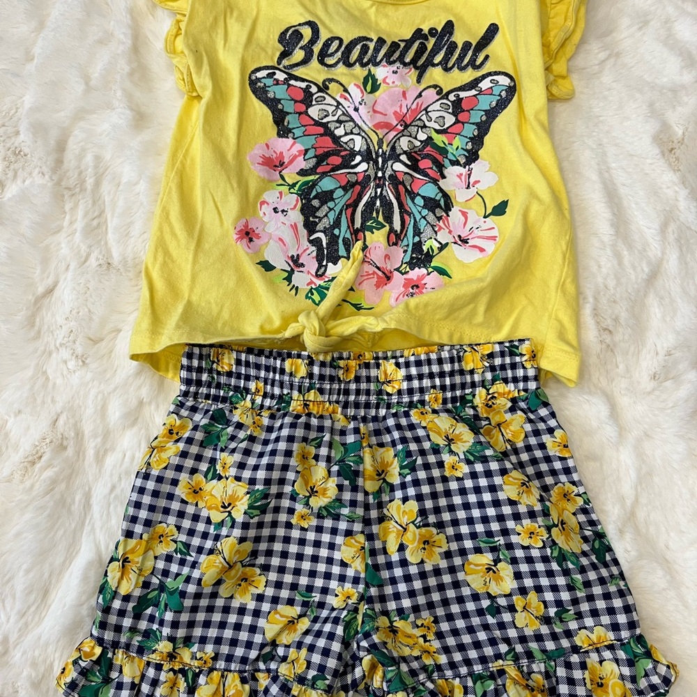 Yellow Butterfly Graphic Tee and Floral Shorts Set